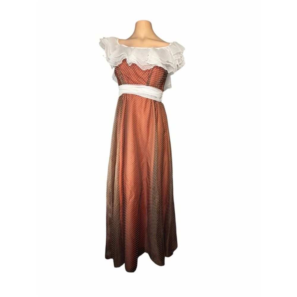 Vintage 1970s Brown Polka Dot Formal Sheer Ruffle / Overlay Empire Waist XS USA